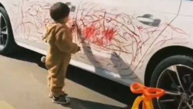Фото - Малыш разрисовал белую машину красной помадой